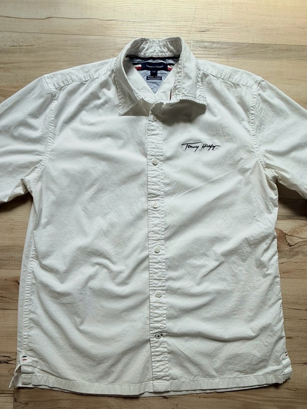 Tommy Hilfiger Men’s Off-White Button-Down Shirt with Script Logo